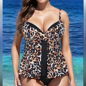 FULLFITALL - Ocelot Print Faux Flyaway Underwire Tankini Top